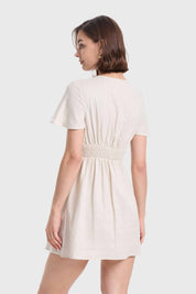 Vestido Mujer Lino Corto Aplicación Beige