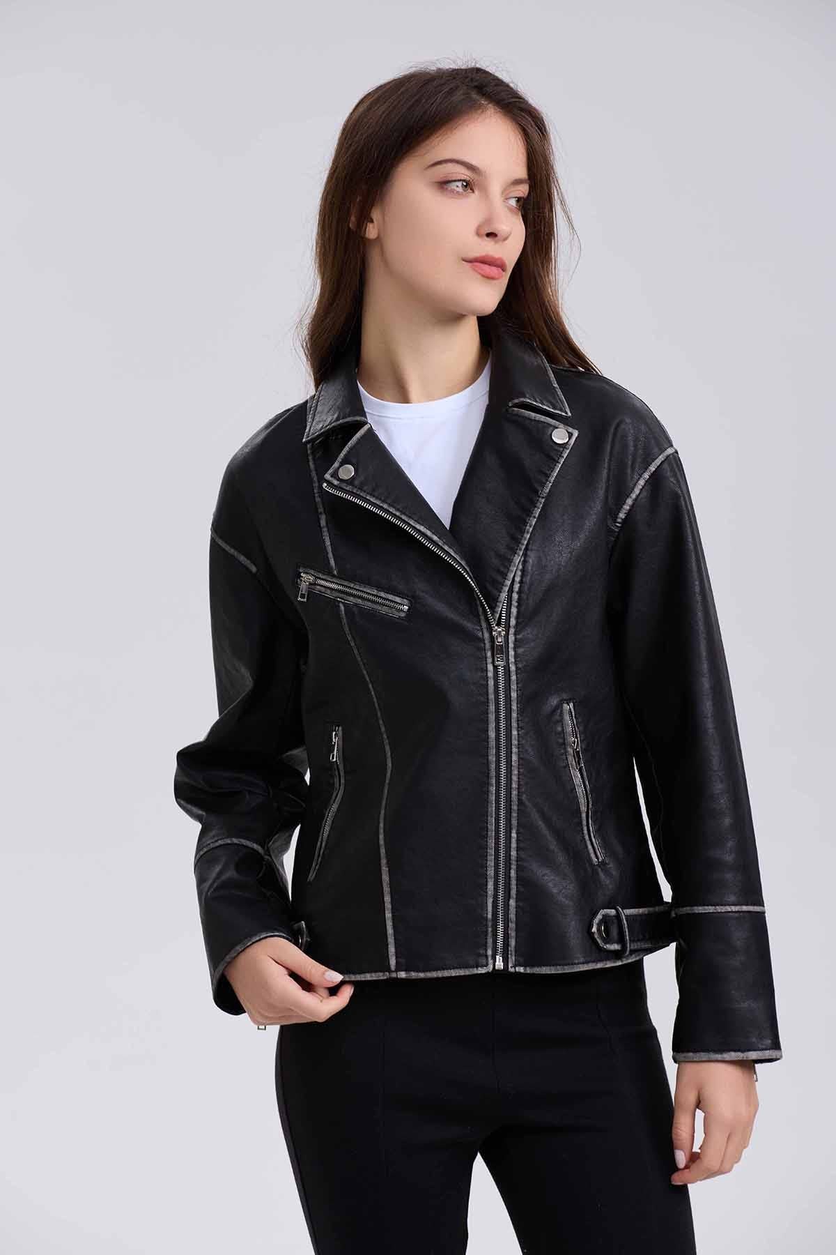 Chaqueta Mujer Biker Efecto Cuero Negro
