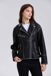 Chaqueta Mujer Biker Efecto Cuero Negro