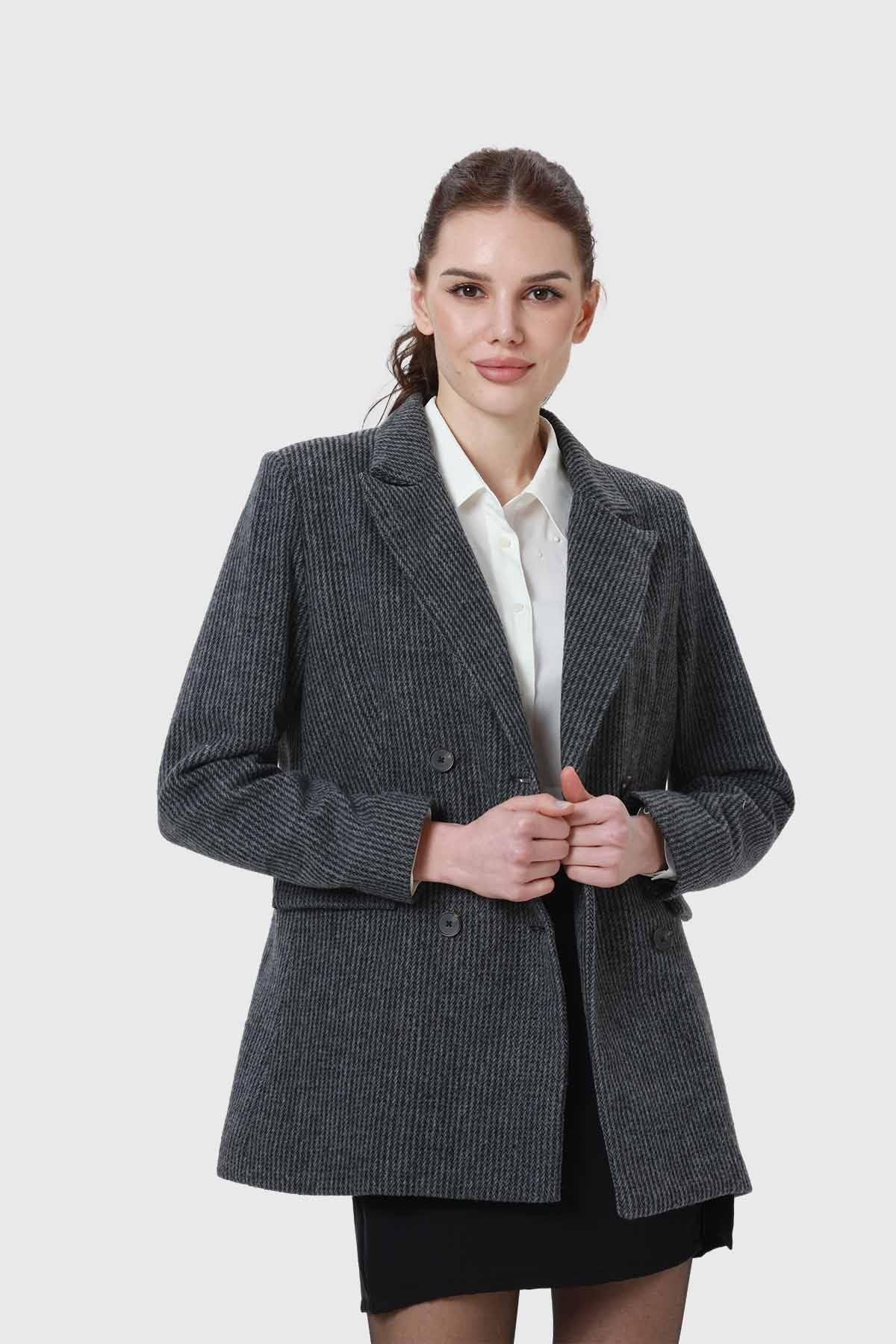 ABRIGO MUJER TWEED CRUZADO GRIS