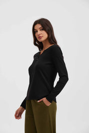 Polera Mujer Manga Larga Abertura En V Negro