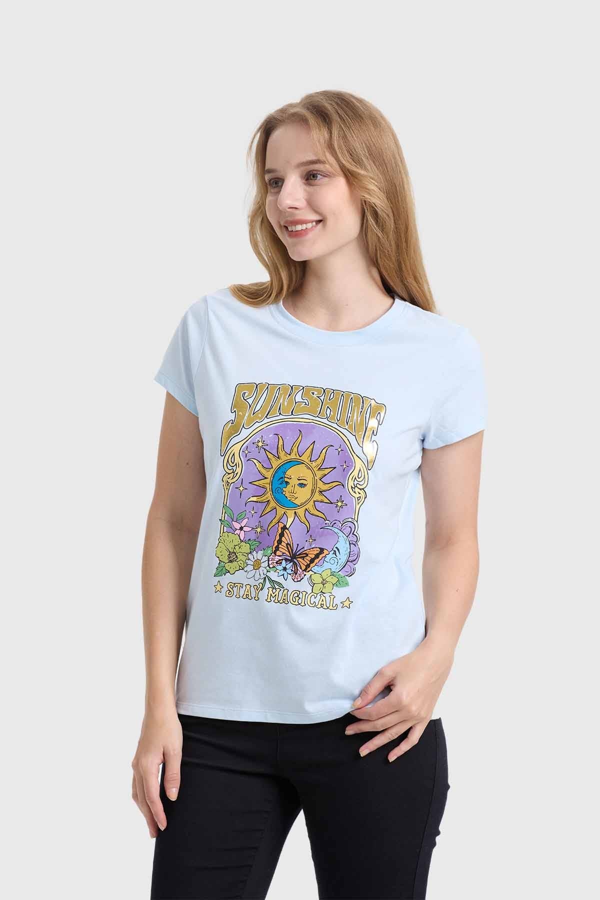 Polera Mujer Básica Print Celeste
