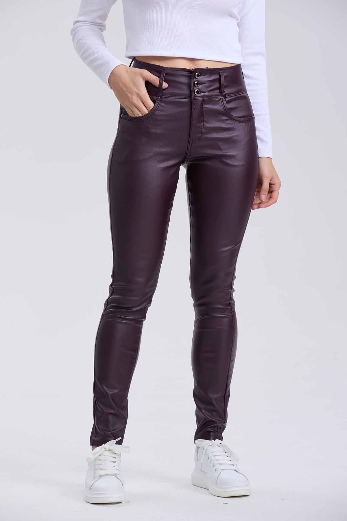 Jeans Mujer Efecto Cuero Berenjena