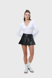 Falda Mujer Tableada Efecto Cuero Negro