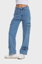 Jeans Mujer Recto Cargo Ojetillo Azul