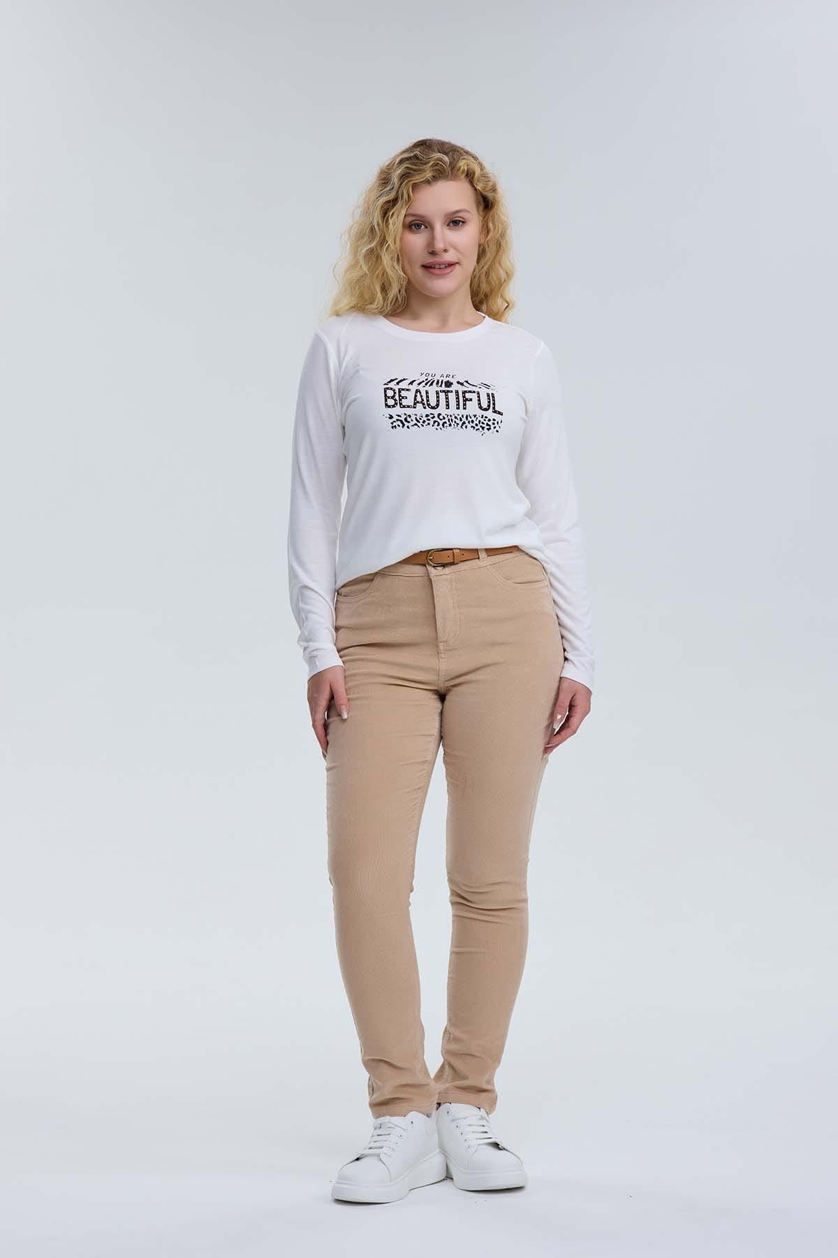 Pantalón Mujer Cotelé Con Cinturón Arena