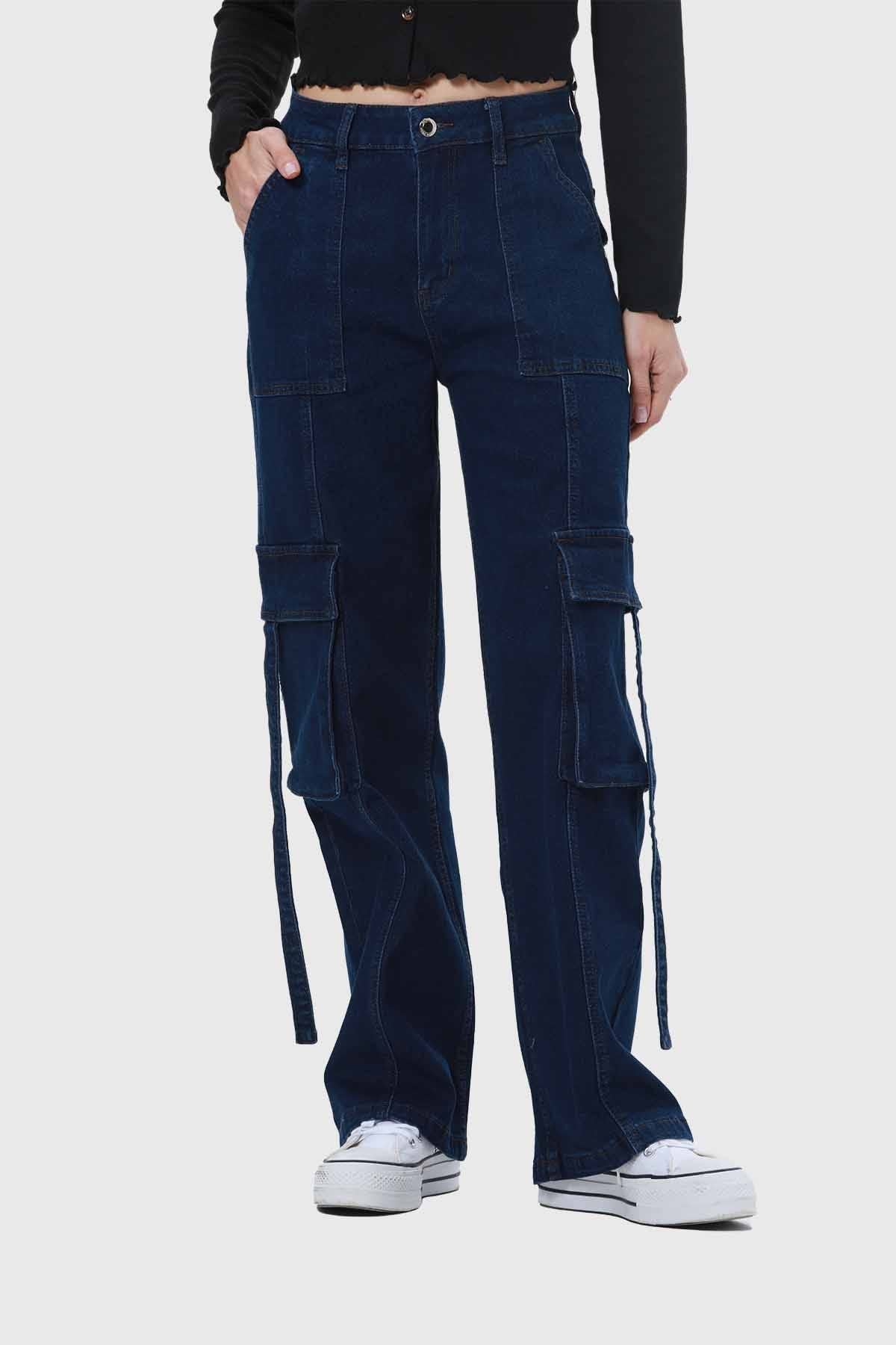 Jeans Mujer Amarras Calce Cargo Azul
