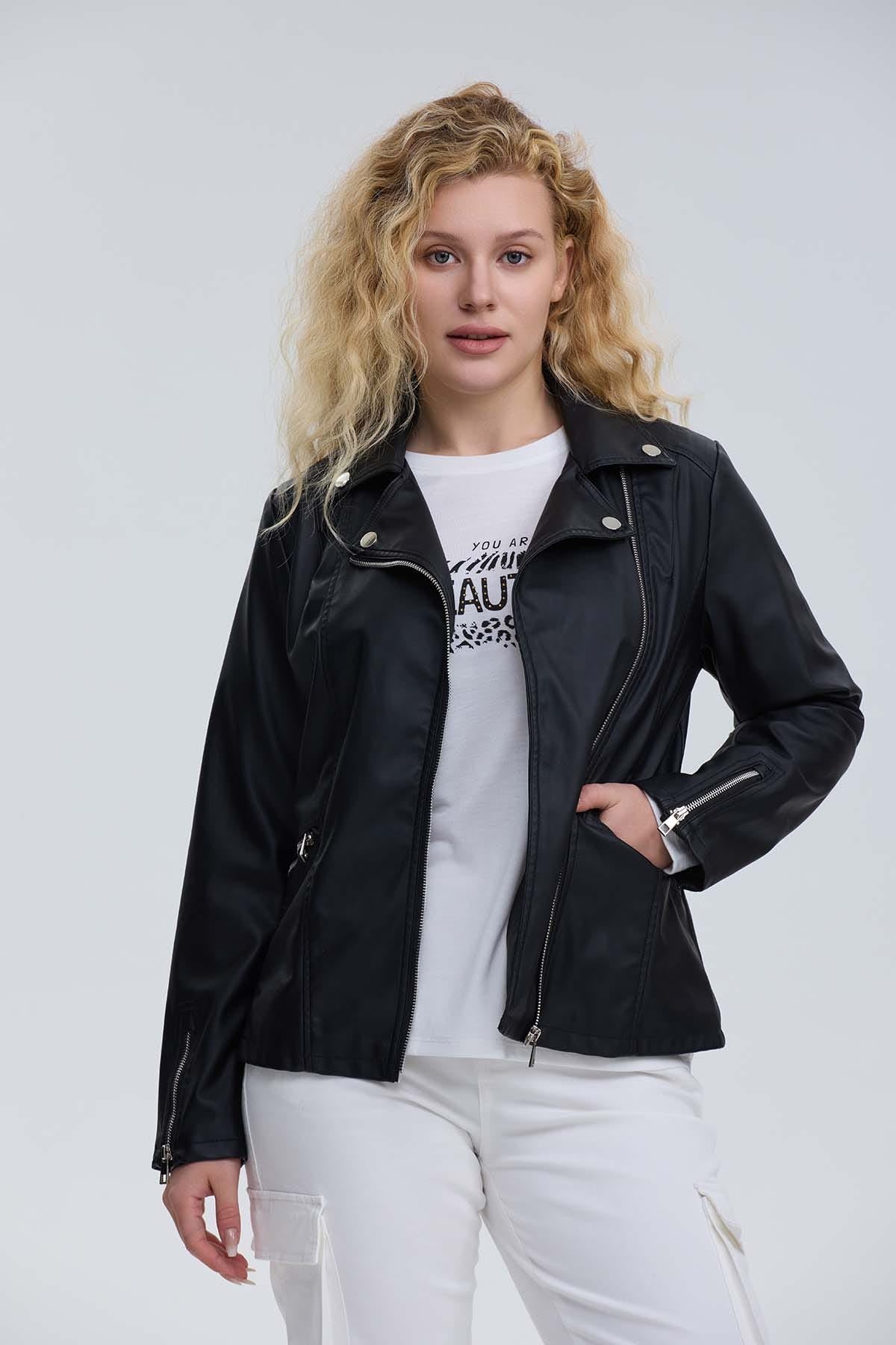 Chaqueta Mujer Biker Efecto Cuero Negro