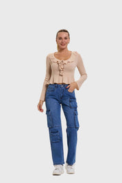 Jeans Mujer Calce Recto Cargo Café