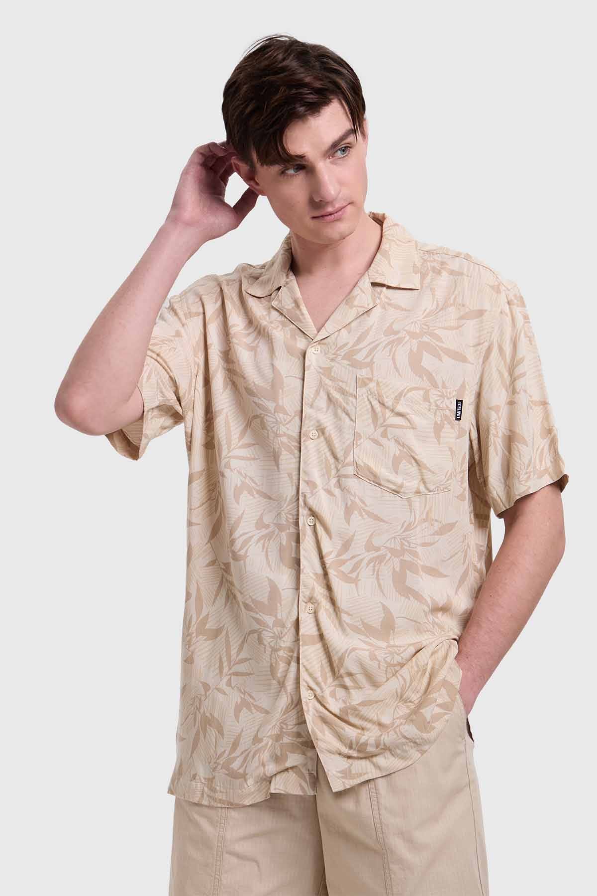 Camisa Hombre Print Tropical Beige