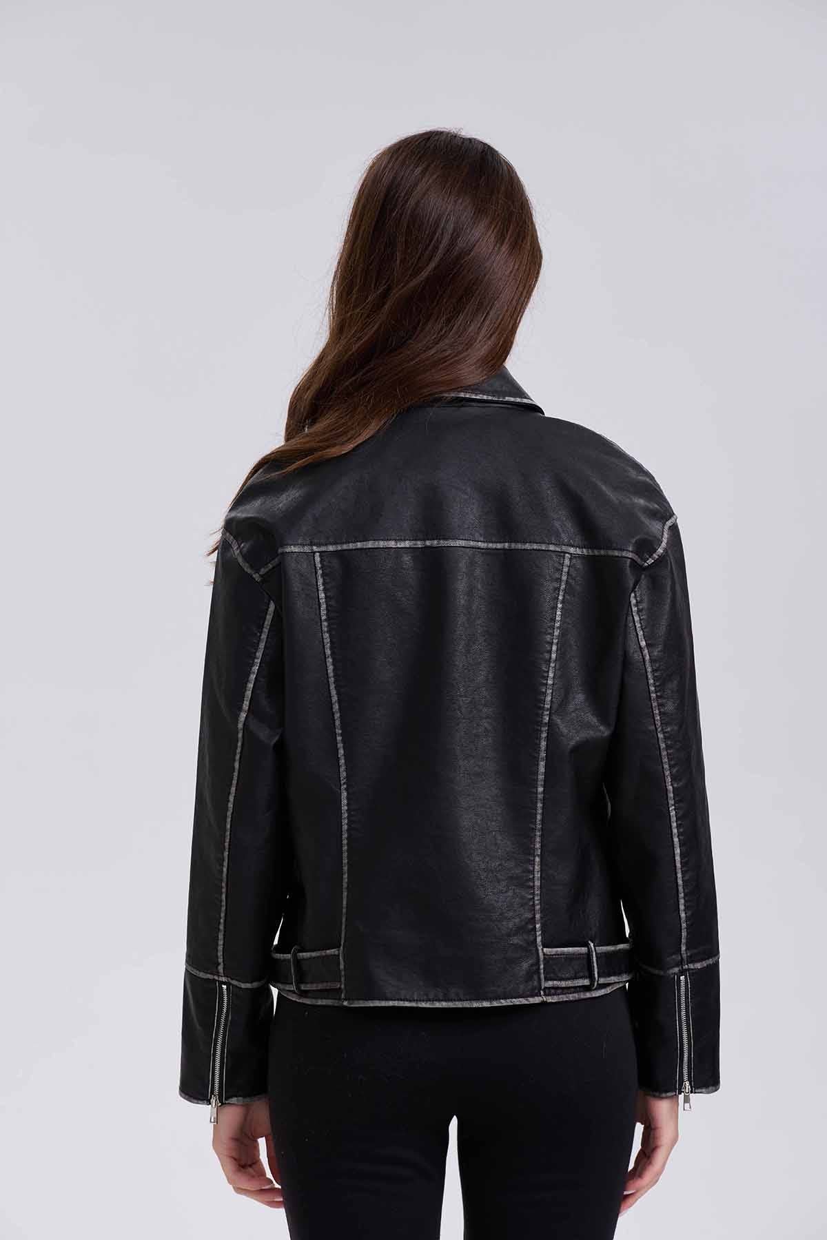 Chaqueta Mujer Biker Efecto Cuero Negro