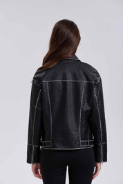 Chaqueta Mujer Biker Efecto Cuero Negro