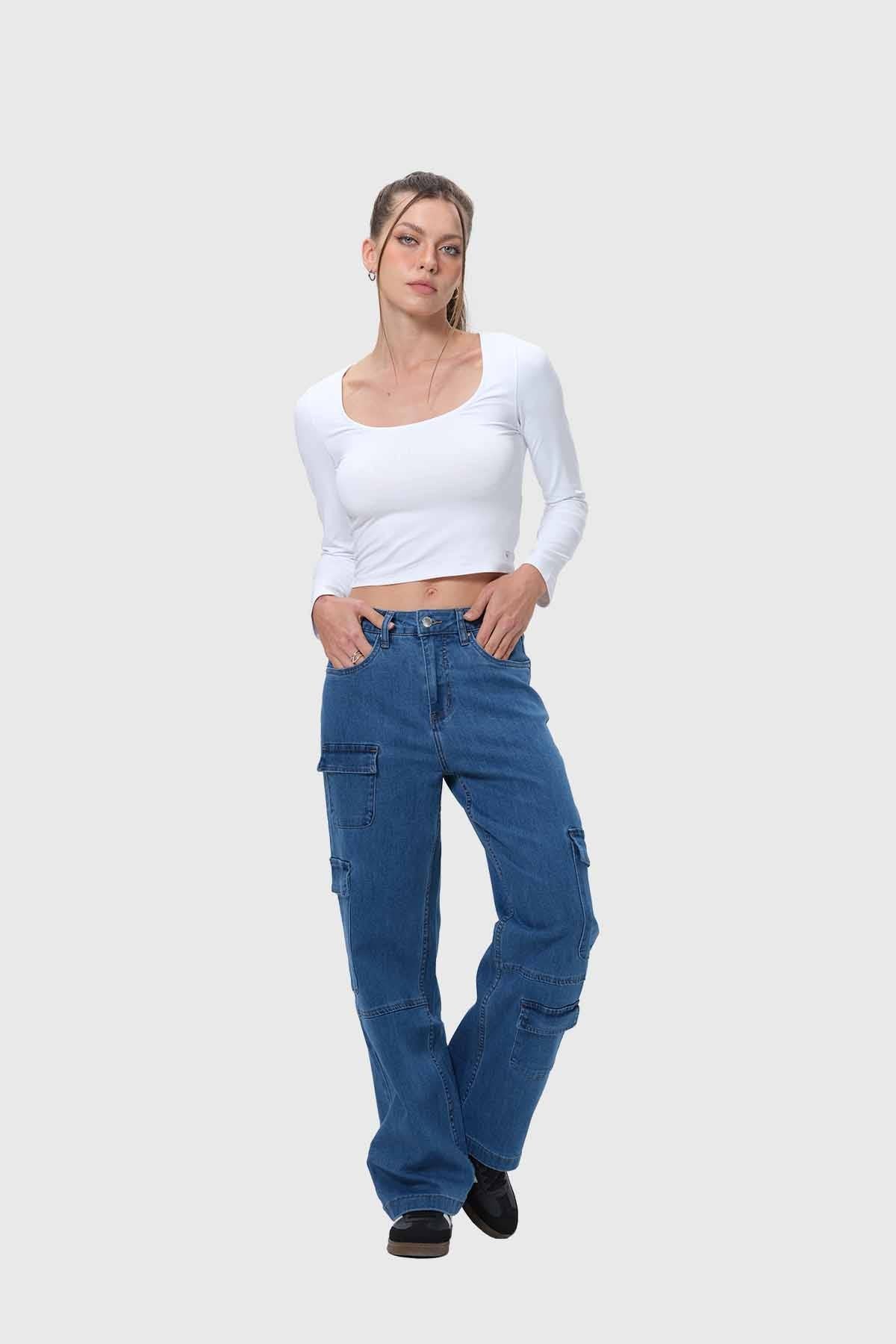 Jeans Mujer Cargo Calce Recto Azul