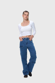 Jeans Mujer Cargo Calce Recto Azul