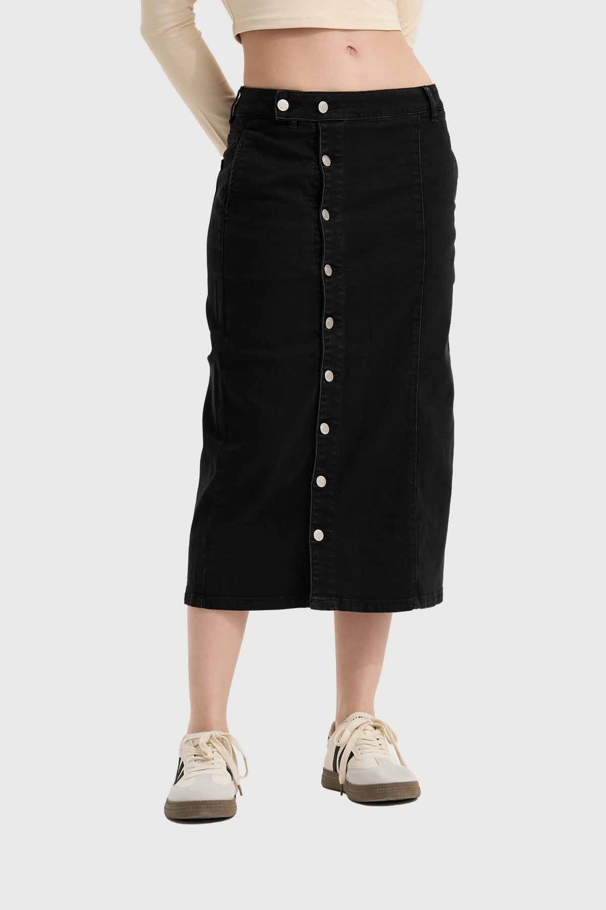 Falda Mujer Midi Abotonada Negro