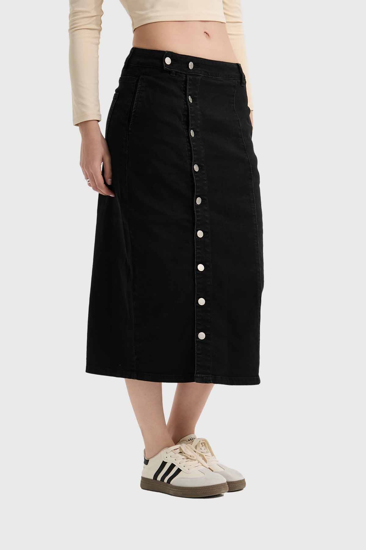 Falda Mujer Midi Abotonada Negro