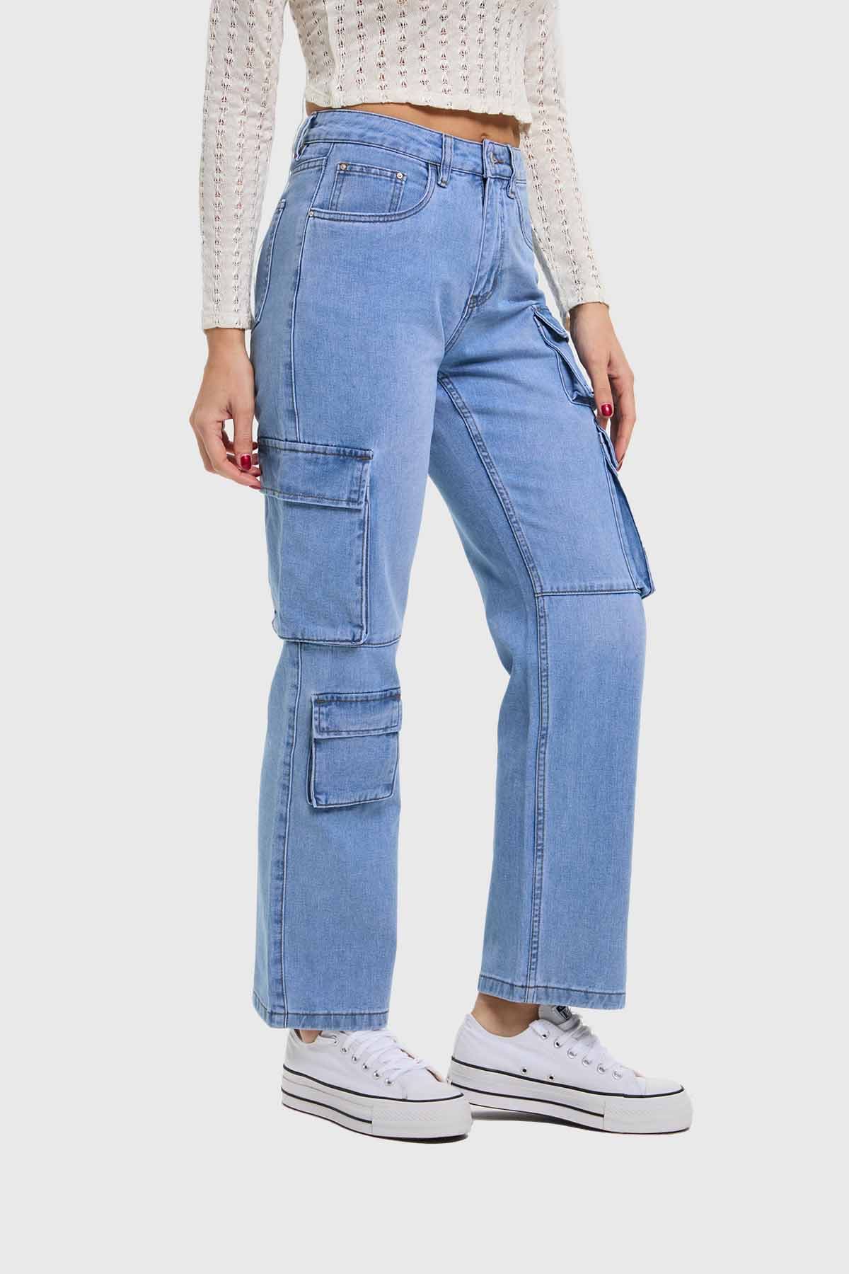 Jeans Mujer Calce Recto Cargo Azul