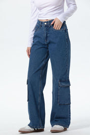 Jeans Mujer Wide Leg Cargo B Azul