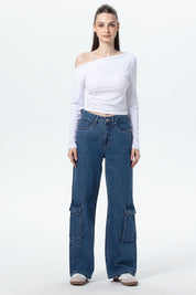 Jeans Mujer Wide Leg Cargo B Azul