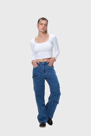 Jeans Mujer Cargo Calce Recto Azul