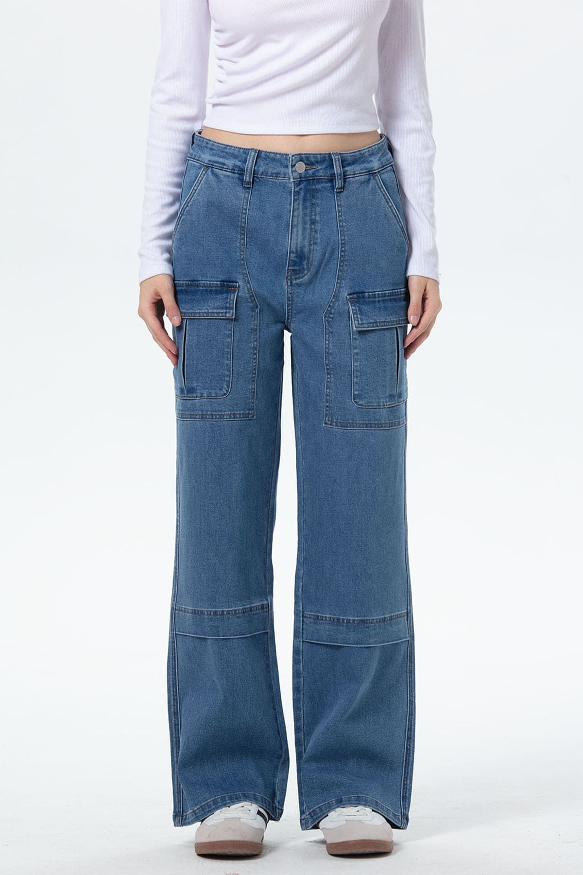 Jeans Mujer Cargo Calce Recto Azul