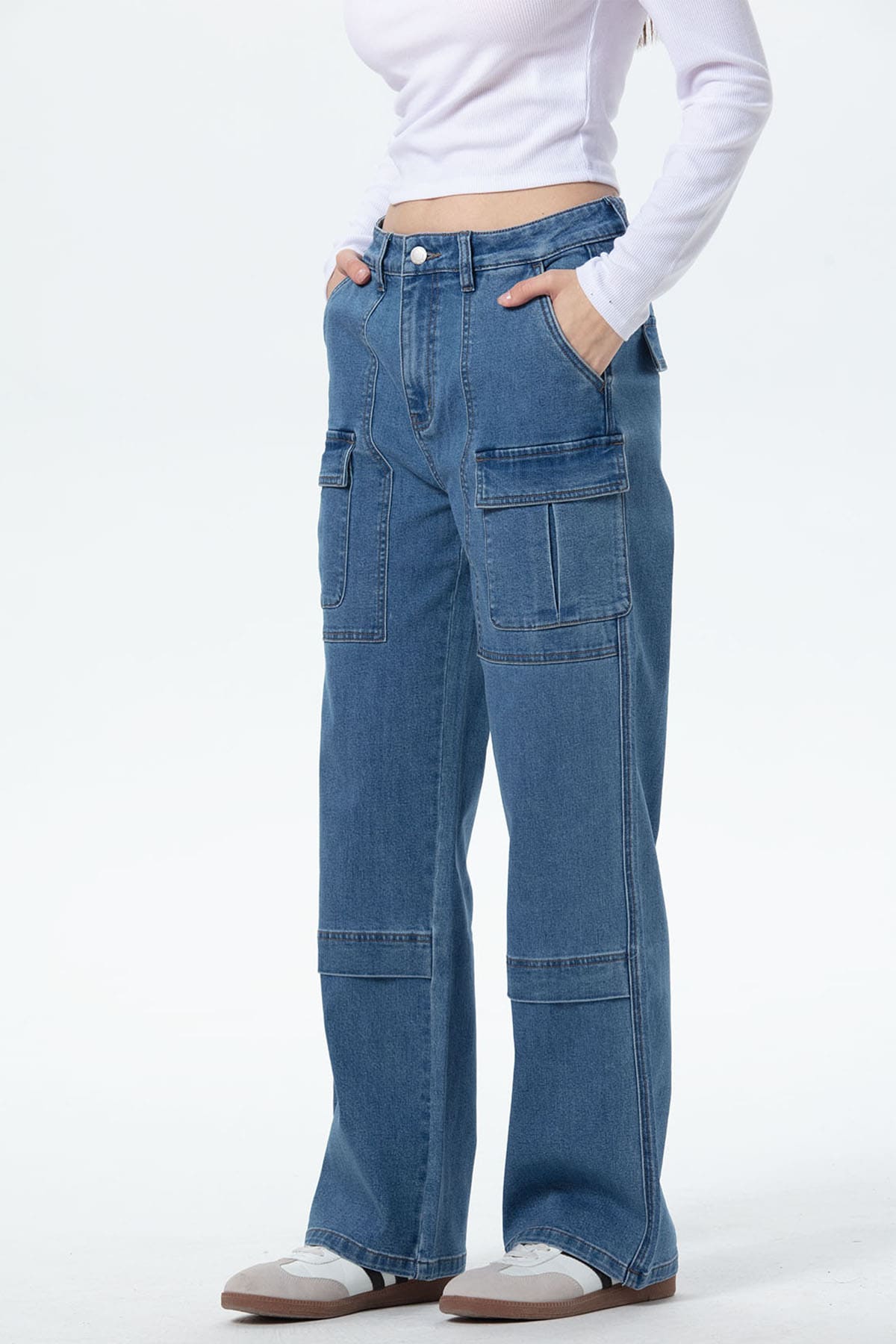Jeans Mujer Cargo Calce Recto Azul