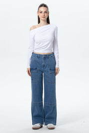 Jeans Mujer Cargo Calce Recto Azul