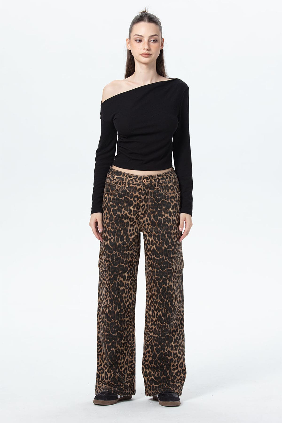 Jeans Mujer Wide Leg Cargo A Café