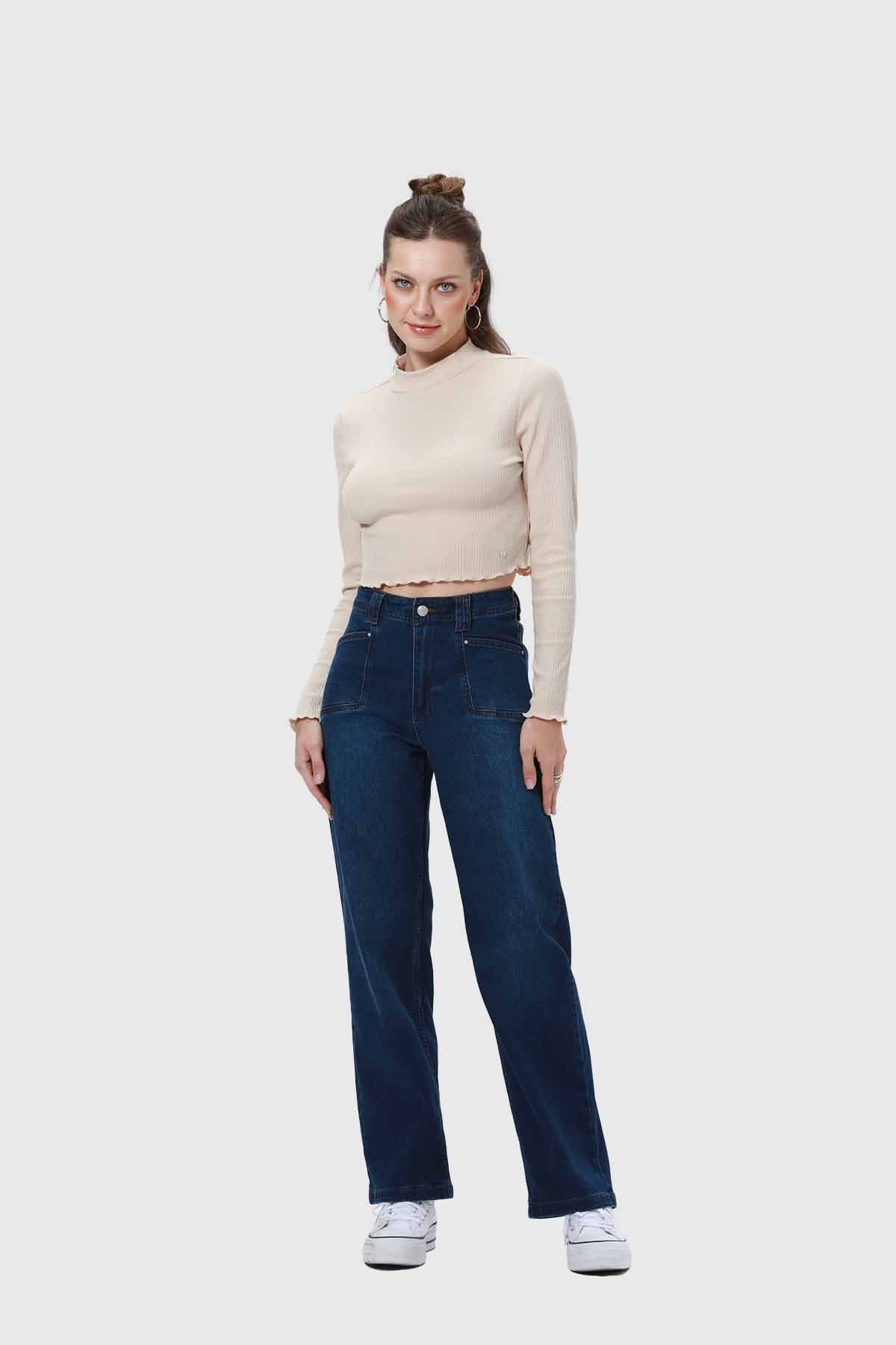 Jeans Mujer Bolsillo D Calce Recto Azul