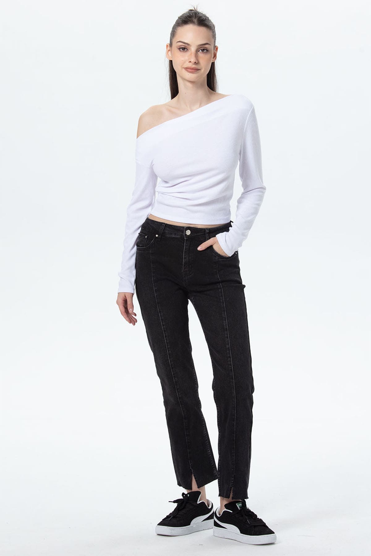 Jeans Mujer Slim Linea Abertura Gris