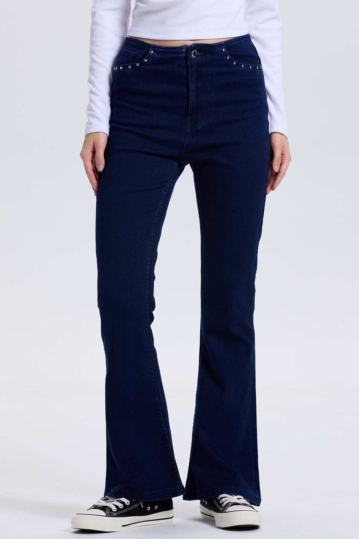 Jeans Mujer Flare Tachas Azul Indigo