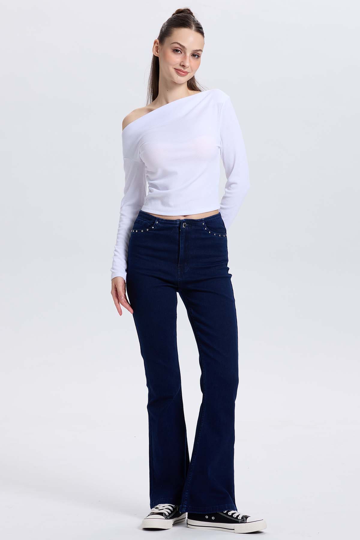 Jeans Mujer Flare Tachas Azul Indigo