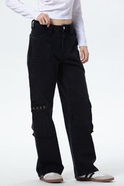 Jeans Mujer Cargo Calce Recto Negro