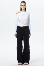 Jeans Mujer Cargo Calce Recto Negro