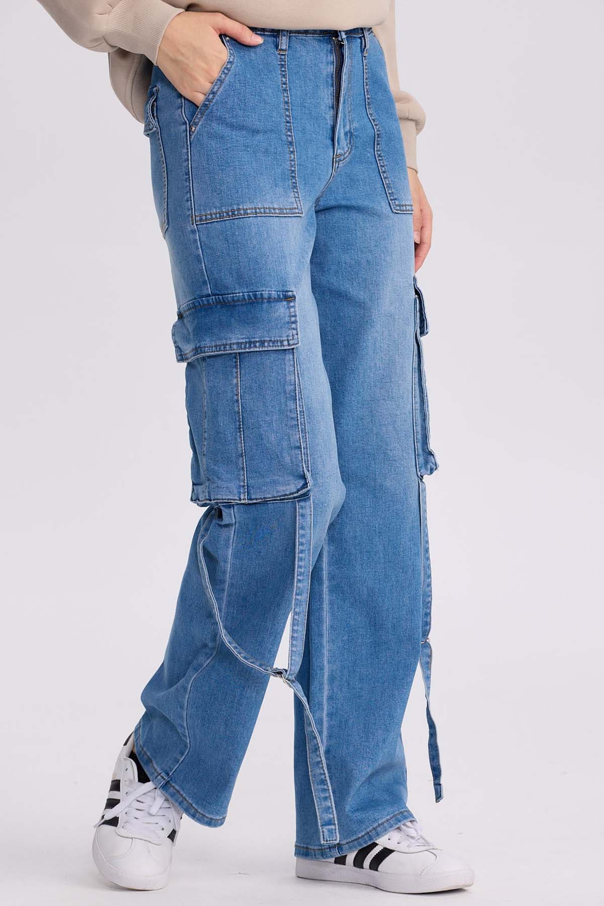 Jeans Mujer Calce Recto Cargo Azul