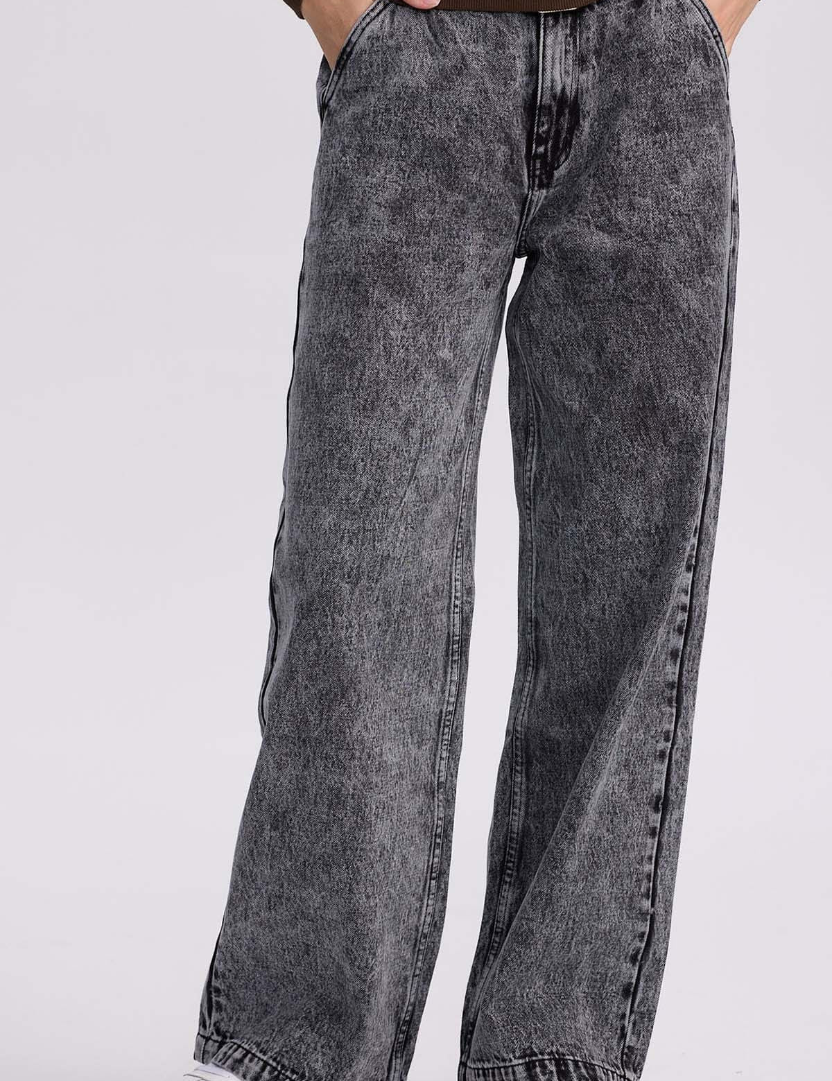 Jeans Mujer Wide Leg Cinturón Gris Oscuro