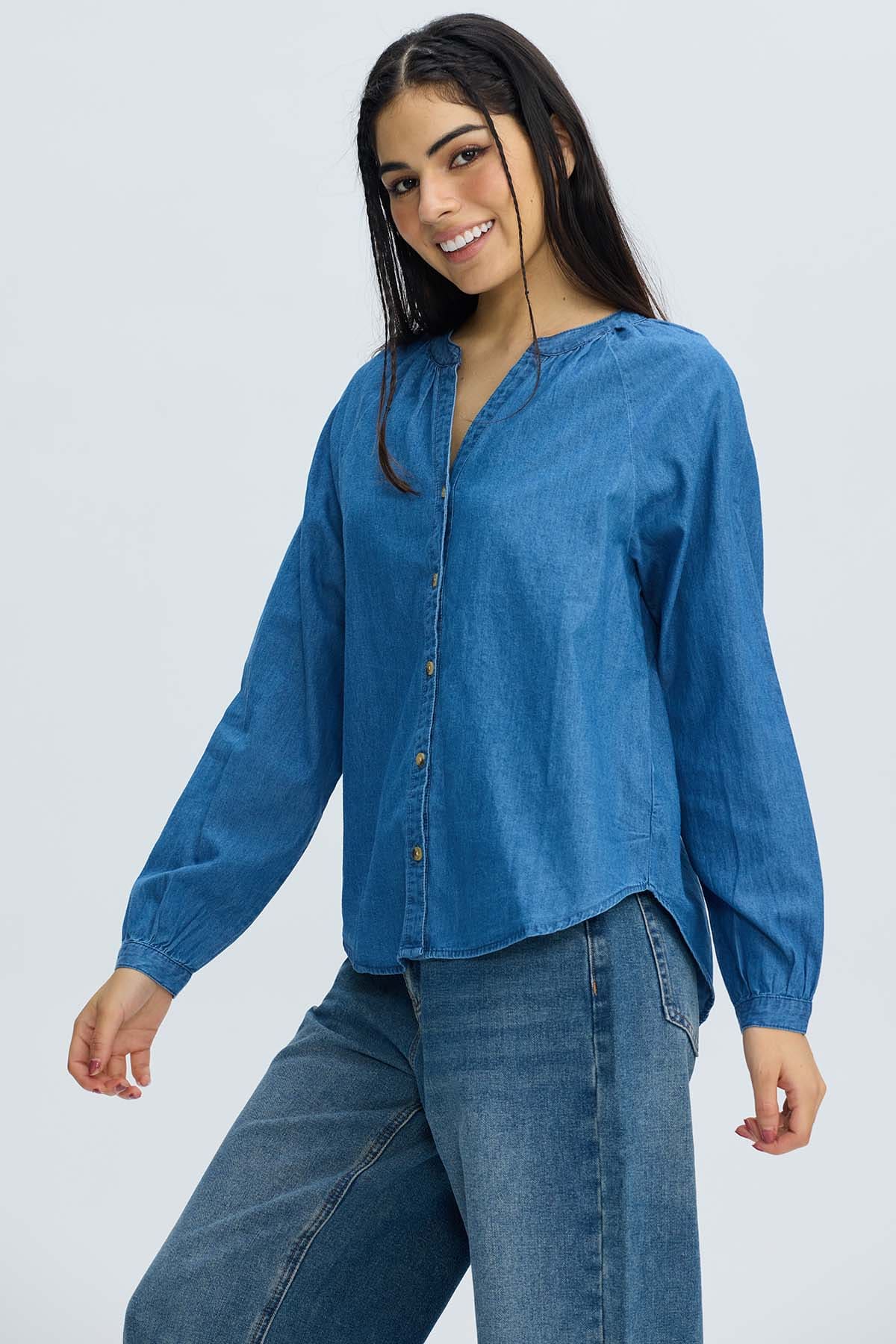 Blusa Mujer Boho Manga Ancha Azul