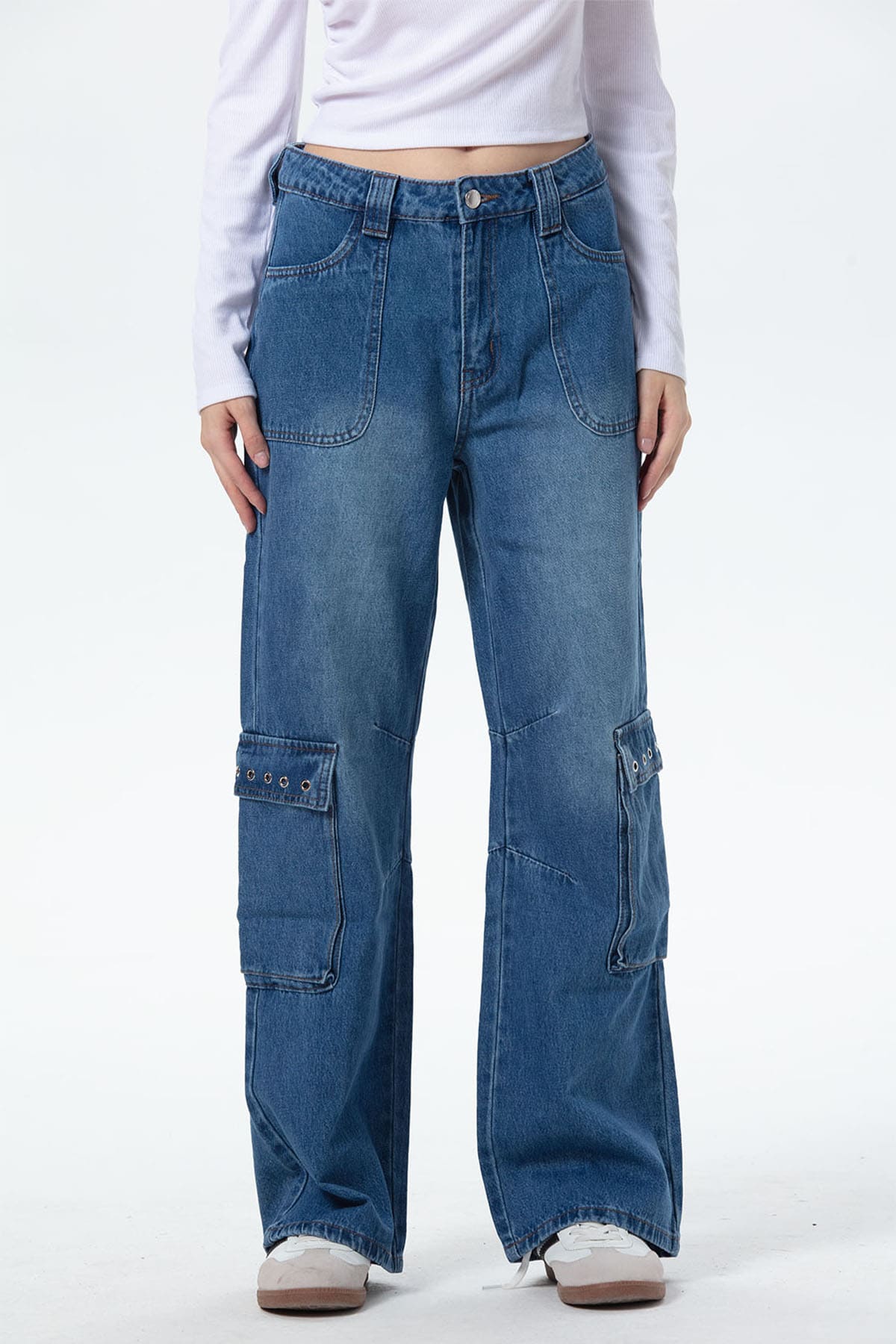 Jeans Mujer Cargo Calce Recto Azul