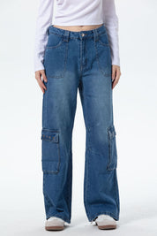 Jeans Mujer Cargo Calce Recto Azul