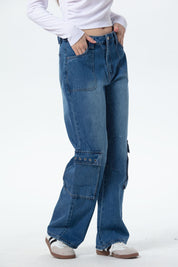 Jeans Mujer Cargo Calce Recto Azul