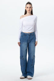 Jeans Mujer Cargo Calce Recto Azul