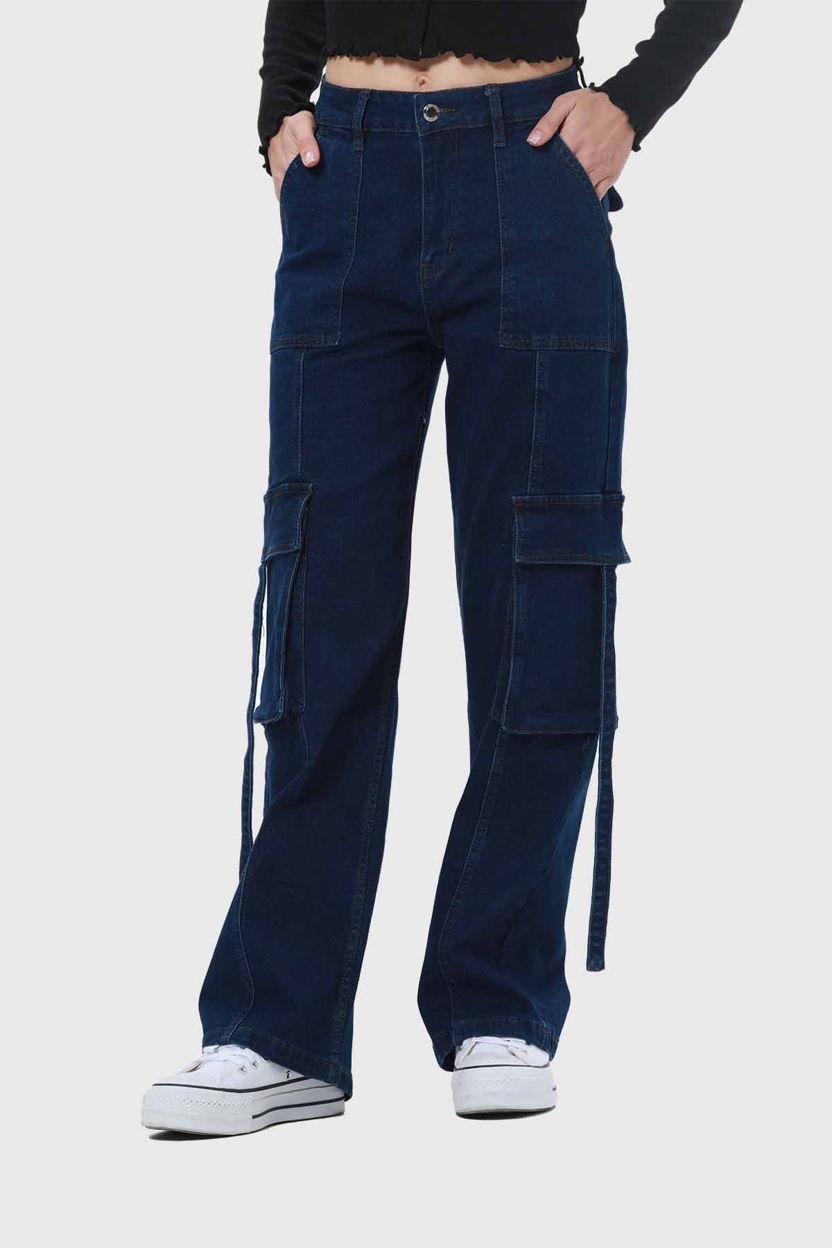 Jeans Mujer Amarras Calce Cargo Azul