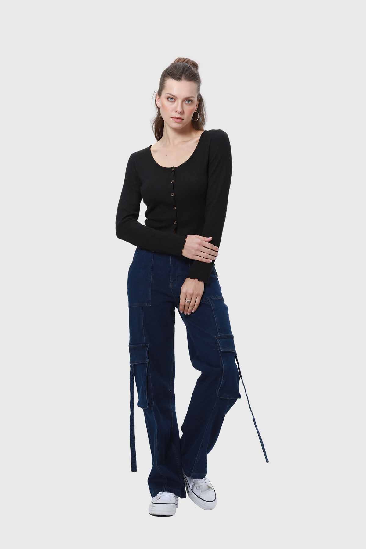 Jeans Mujer Amarras Calce Cargo Azul