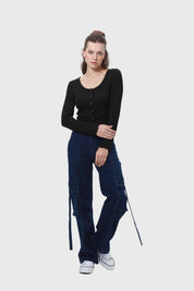 Jeans Mujer Amarras Calce Cargo Azul
