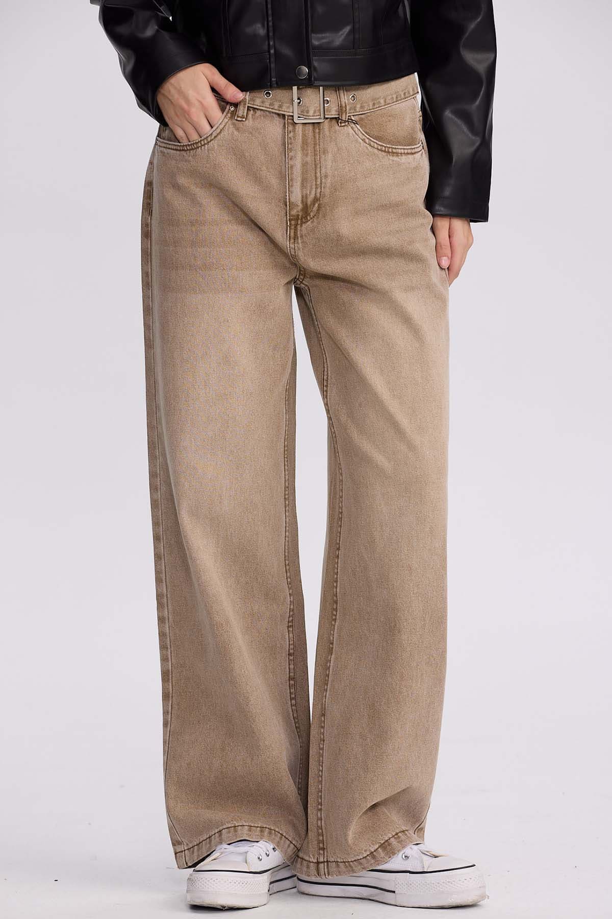 Jeans Mujer Baggy Cinturón Caqui