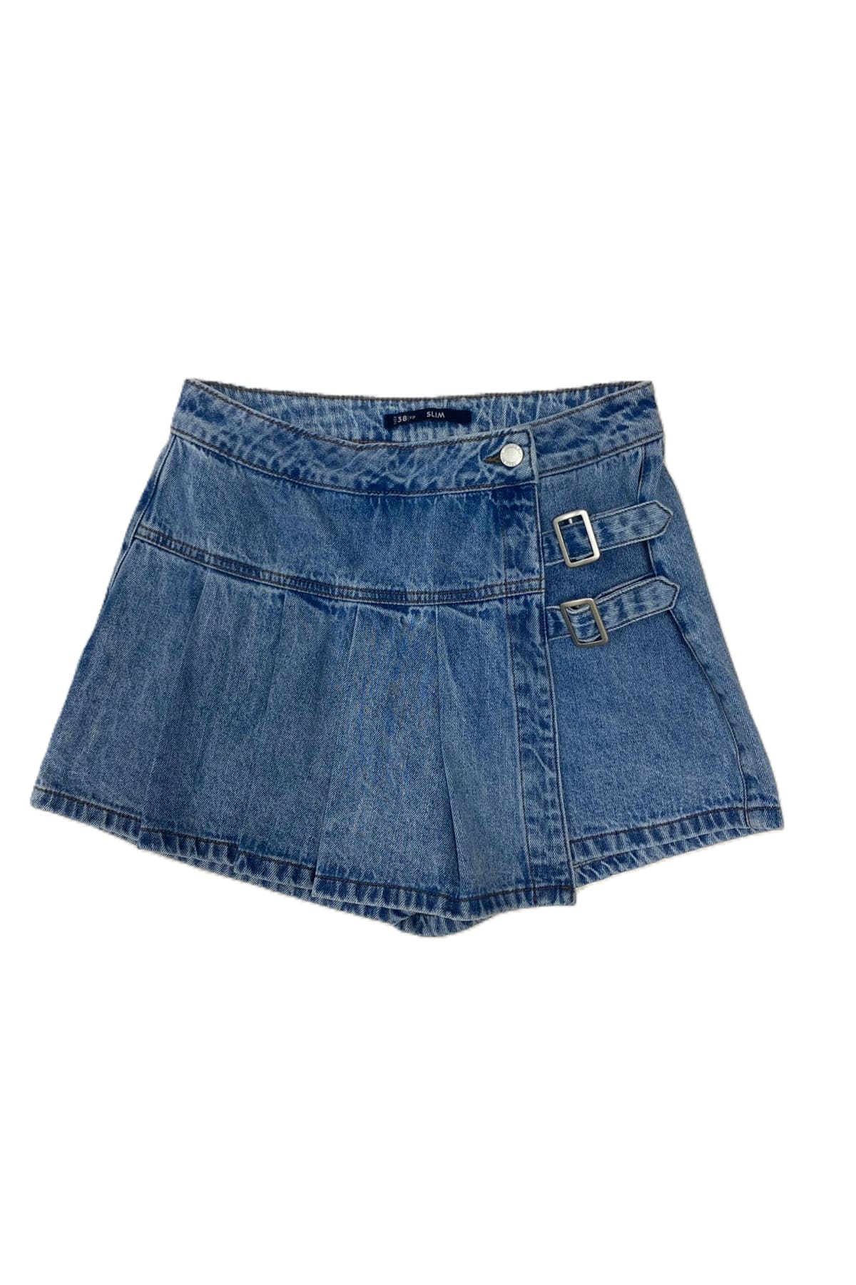 Short falda tableado azul con hebillas laterales estilo casual sin estampa visible