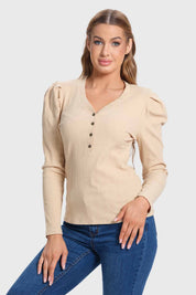 Polera Mujer Rib Pata Botón Beige