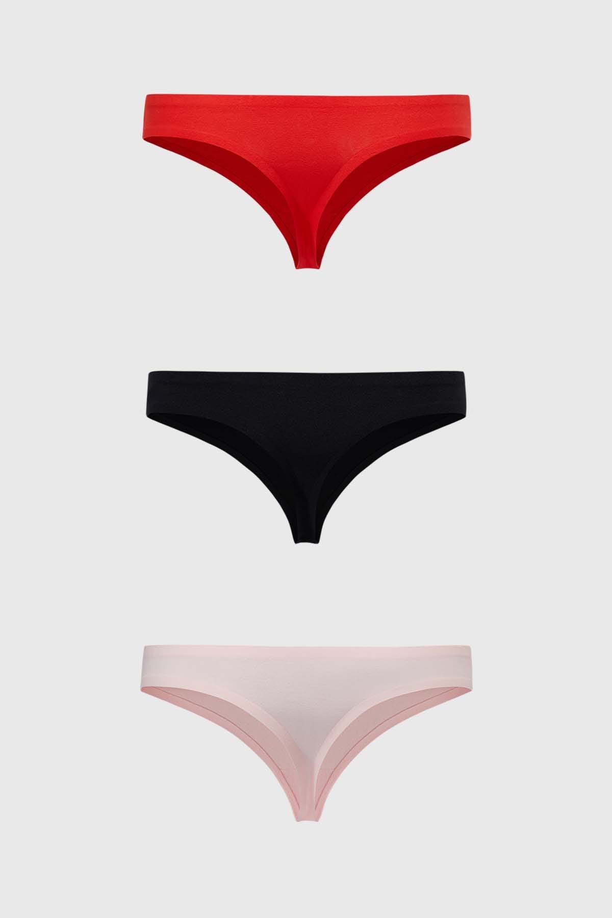 Tripack de calzones colaless de mujer en rojo negro y rosa diseño liso estilo minimalista