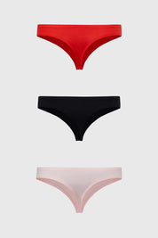 Tripack de calzones colaless de mujer en rojo negro y rosa diseño liso estilo minimalista