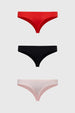 Tripack de calzones colaless de mujer en rojo negro y rosa diseño liso estilo minimalista
